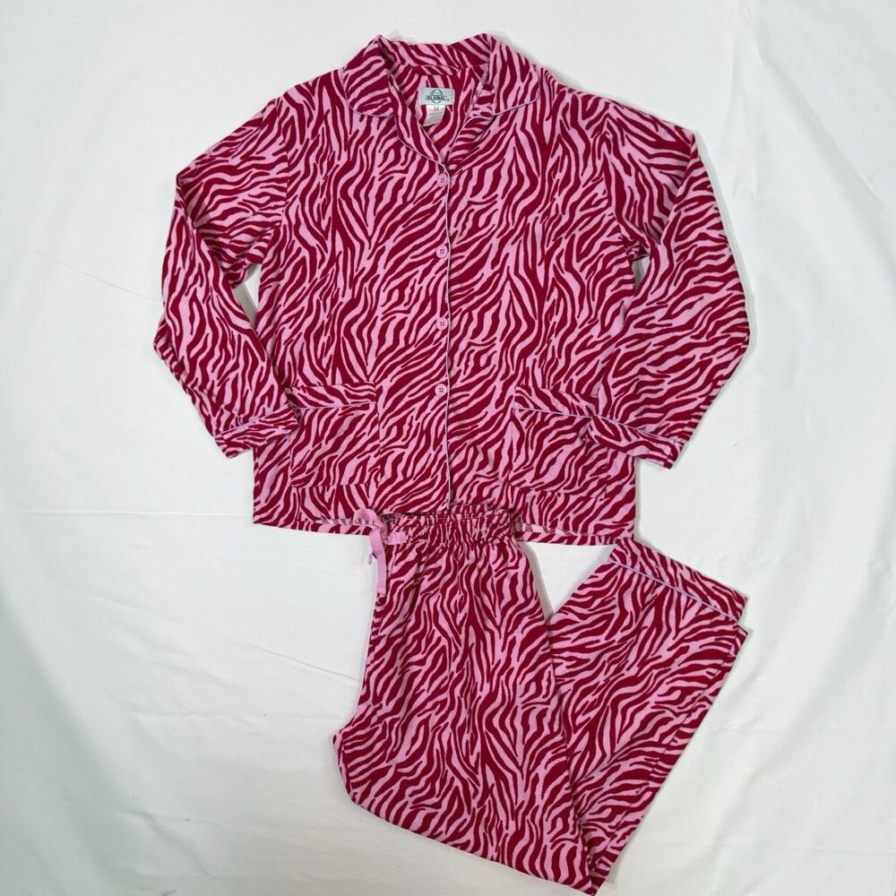 Global Flannel Pajamas Women M Pink Zebra Print 2 Pc Sleepwear Pants Set